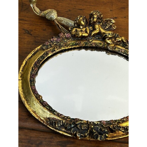 Vintage Mini Gold Gilt Mirror W/Angels Cherubs Momparler 1870 - Picture 3 of 9